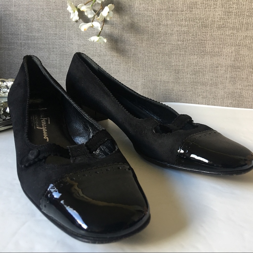 Salvatore Ferragamo Black Suede & Patent Leather Loafers